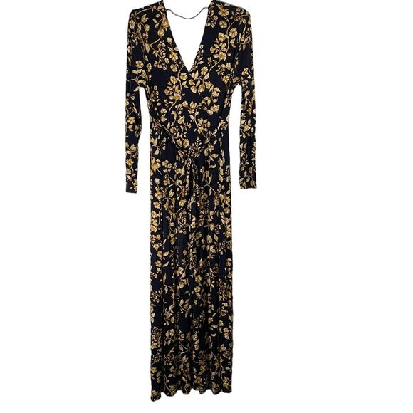 JESSICA SIMPSON MATERNITY Size Large NAVY BLUE & GOLD FLORAL V-NECK MAXI DRESS - Picture 7 of 12